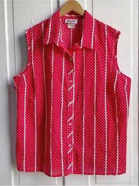 Vintage 80s Trend Set Polka Dot Stripes Volup Sleeveless Button Down Blouse